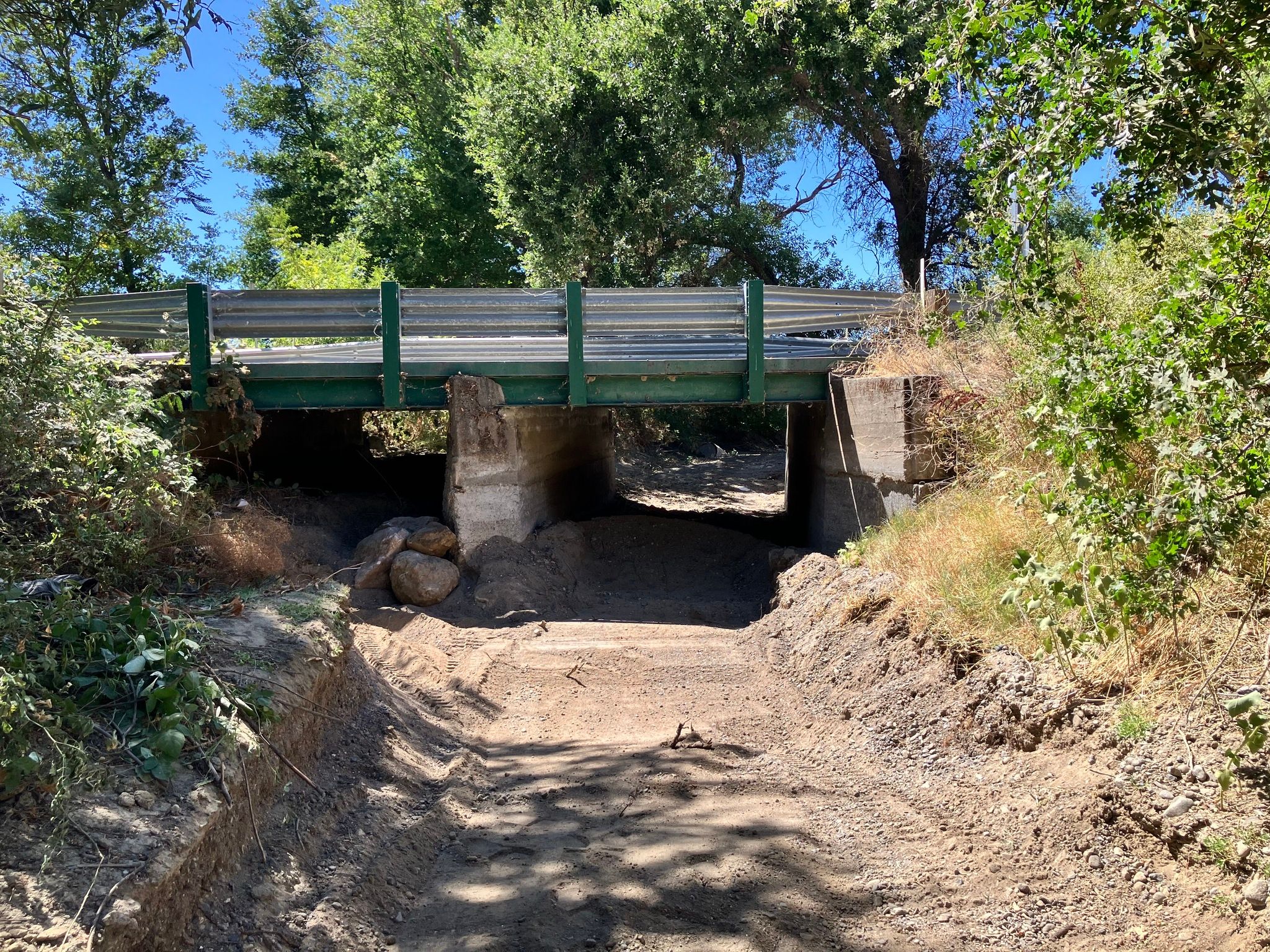 The creek at the bridge was equal to the tree trunks, in a notorious location for flooding the neighboring properties, garages, and county road. It is now feet lower and hopefully will encourage the water and the fish to stay in the creek. (August 2025)