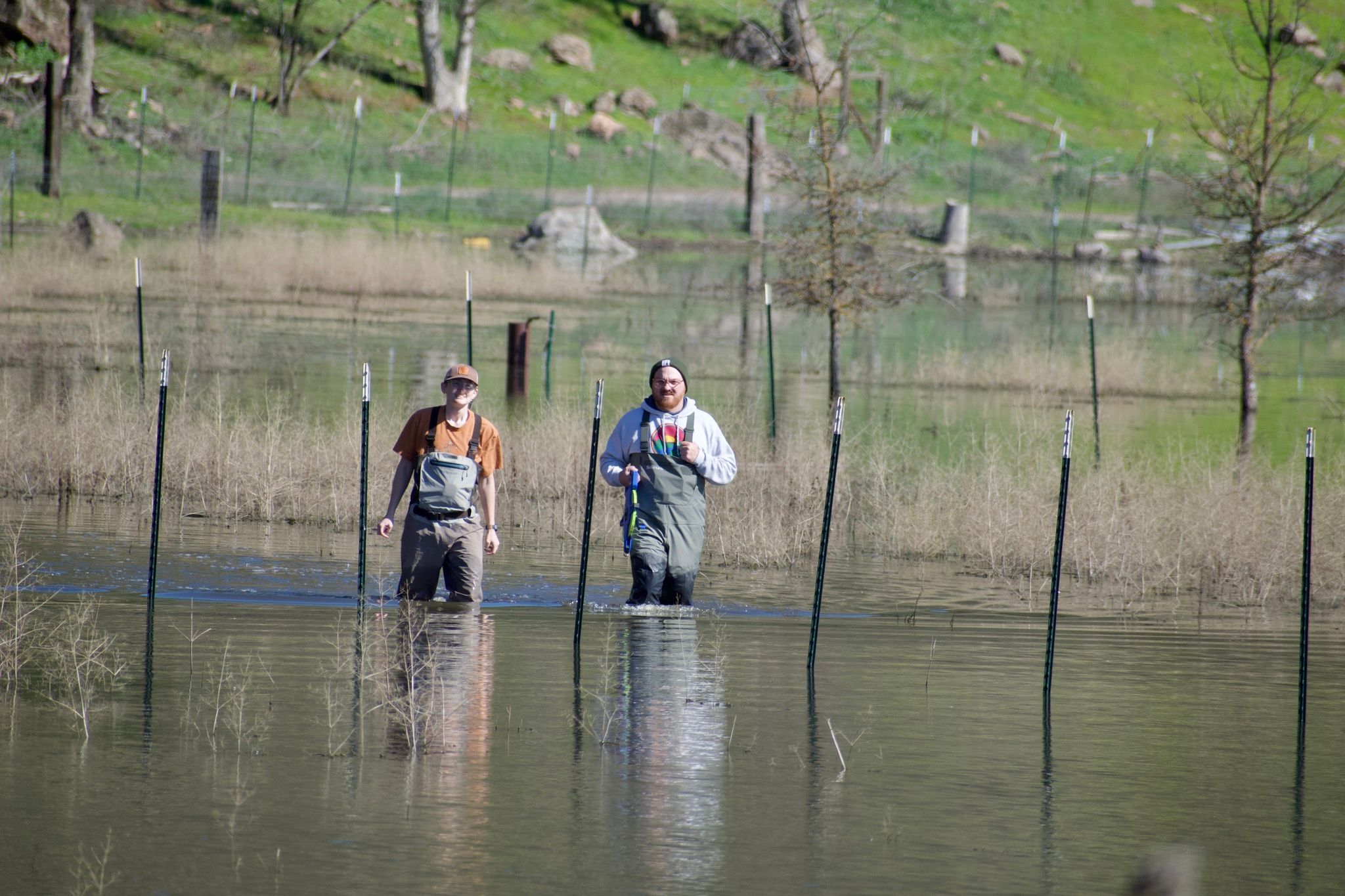 Staff wading through knee-deep water to reach the well