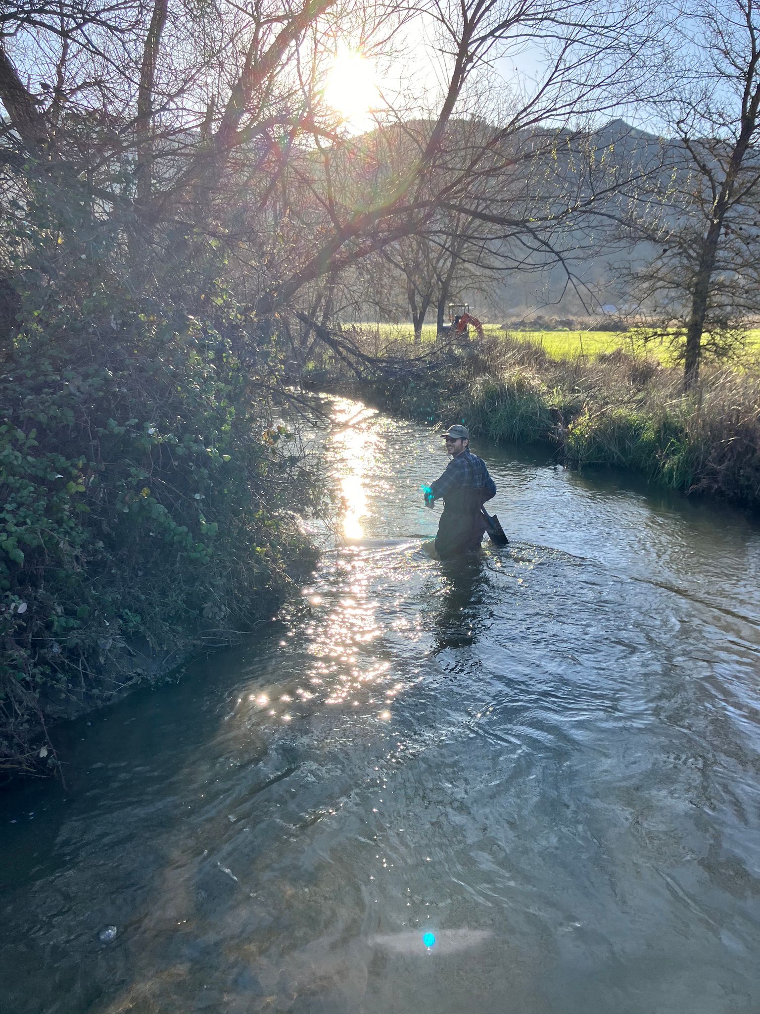 Walking into Cole Creek to dig out the culvert (February 2024)