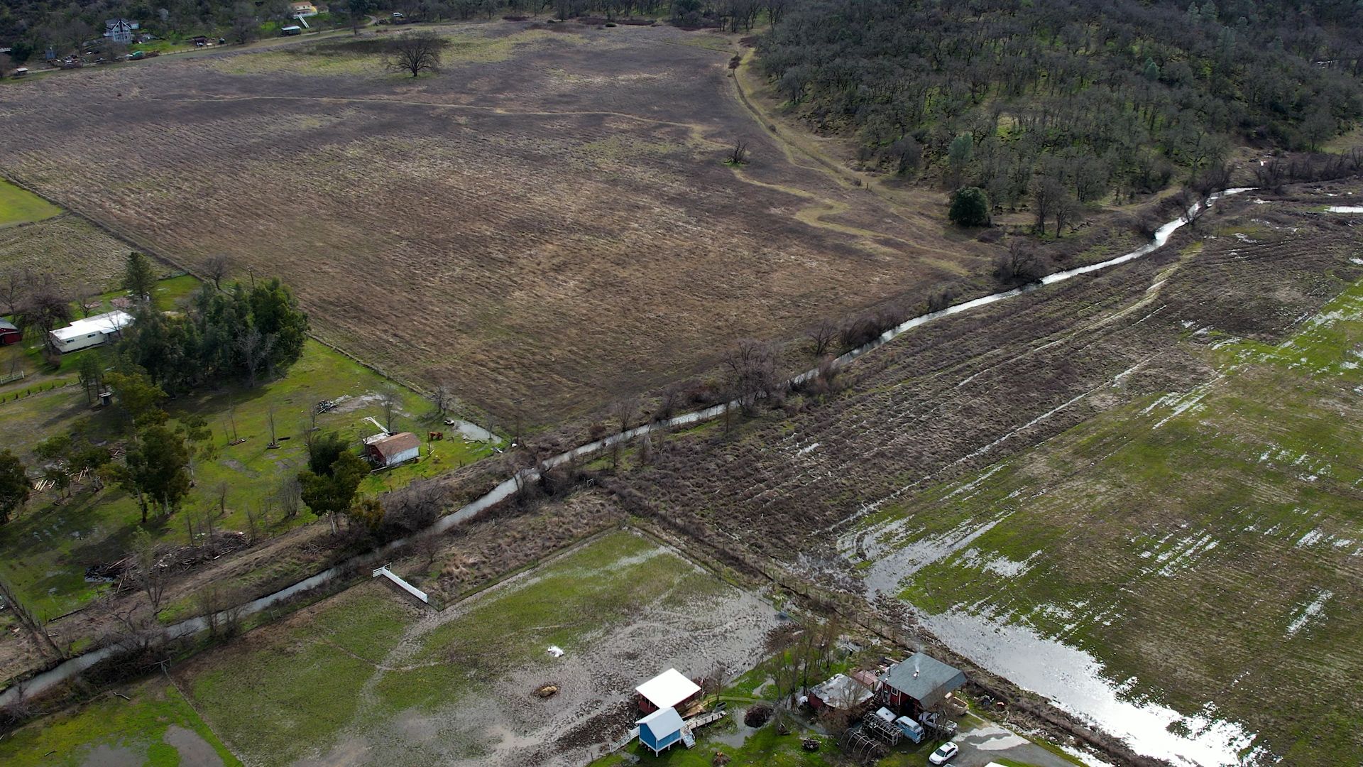 Cole Creek levee during flooded stage, February 2025. Source: Sam Euston, Euston Productions