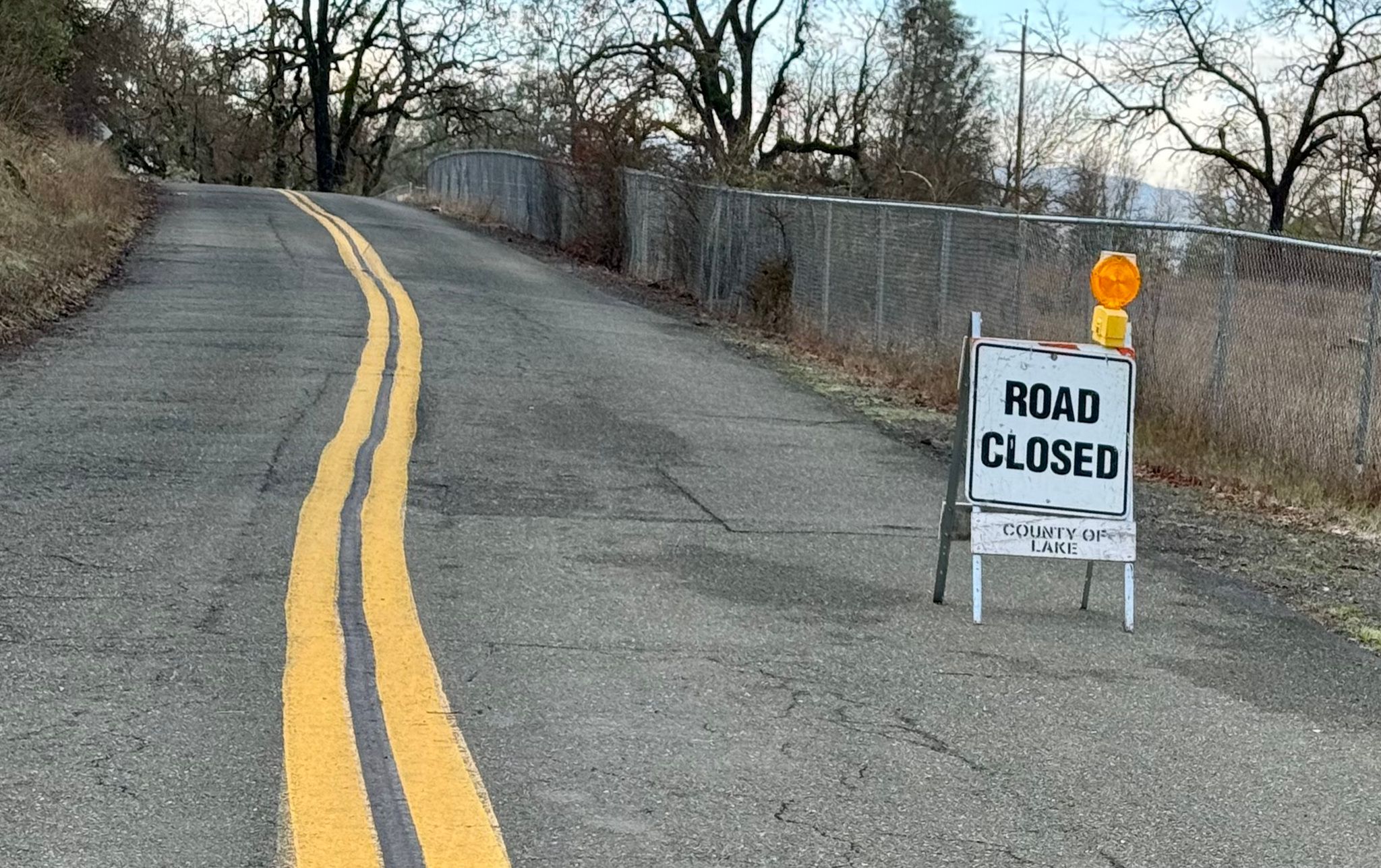 Road Closed sign on Clark Drive from Soda Bay Road  (February 2025)